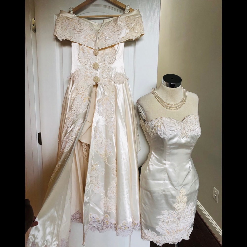 STUNNING EMBELLISHED CUSTOM VINTAGE WEDDING DRESS SET/POUCH/SIZE XS - Picture 1 of 16